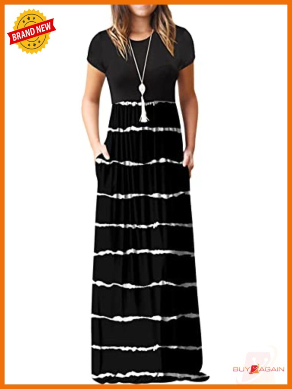 Women Summer Maxi Dress Short Sleeve Crew Neck Pockets Casual